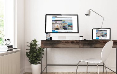 Masaüstü bilgisayar, eğilimleri Web sitesinde ekran, 3d render ile modern çalışma alanı
