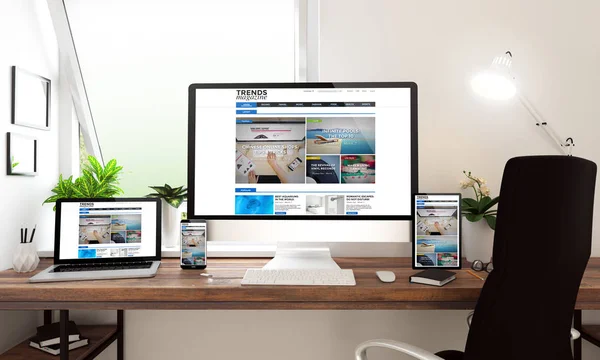Rendering Stationär Dator Laptop Tabletpc Och Smartphone Visar Modern Webbdesign — Stockfoto