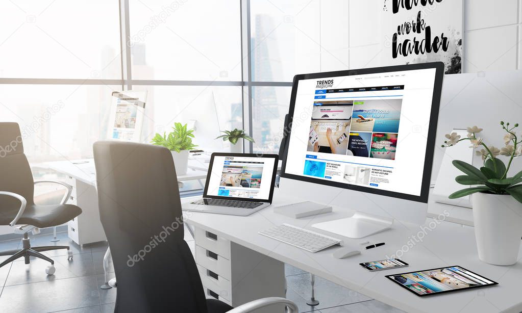 computer, laptop, smartphone and tablet pc on workspace with online magazine website on screens, 3d rendering