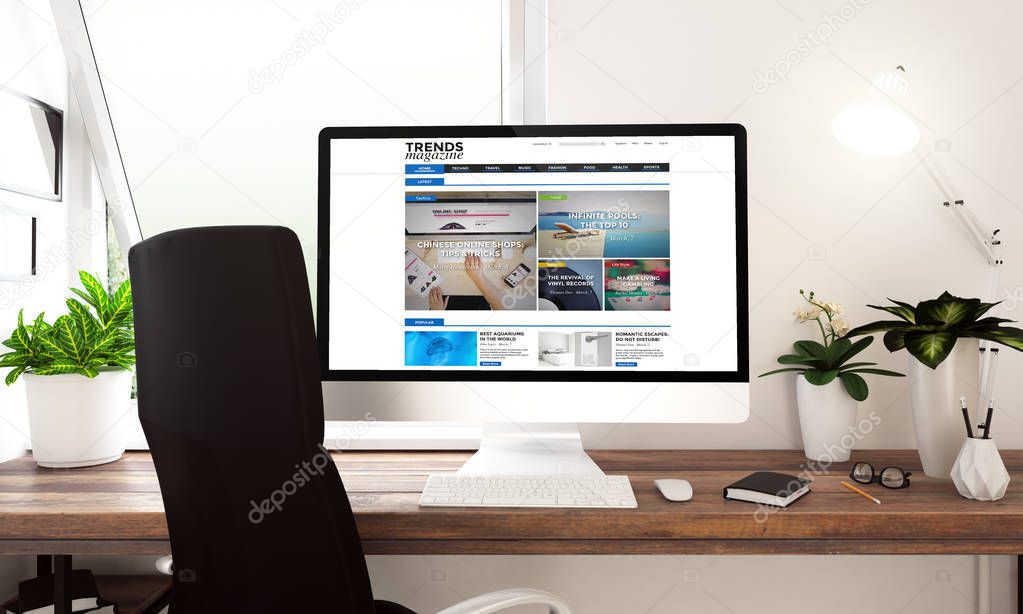 modern workplace with desktop computer, trends website on screen, 3d rendering