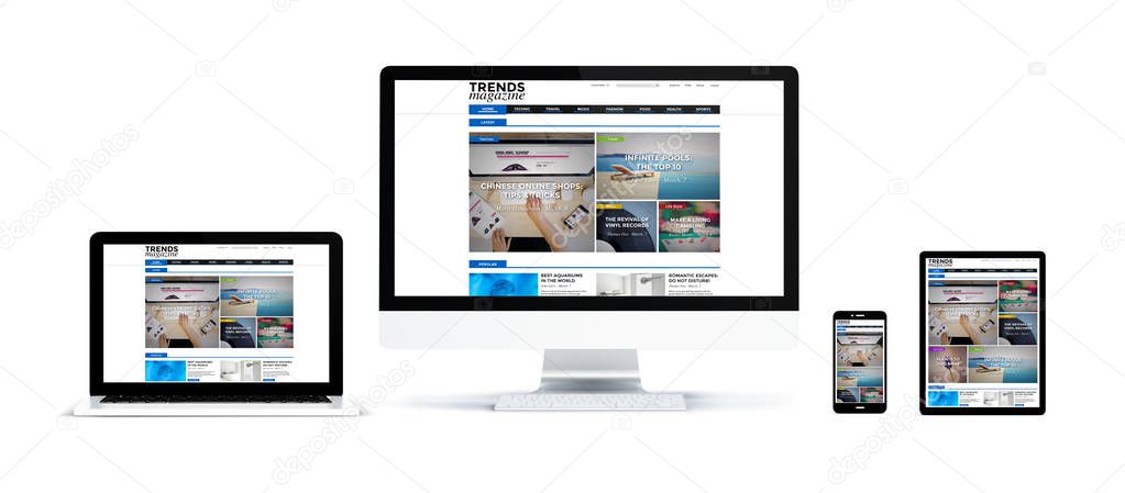 computer, laptop, smartphone and tablet pc with online magazine website on screens, 3d rendering isolated over white background