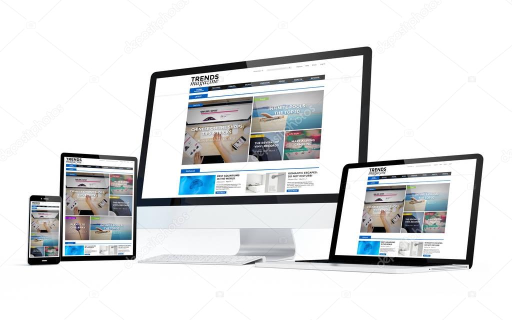 computer, laptop, smartphone and tablet pc with online magazine website on screens, 3d rendering isolated over white background