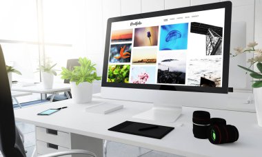 bilgisayar ekran gösteren fotoğraf portföyü ile fotoğraf studio çalışma alanının 3B oluşturma