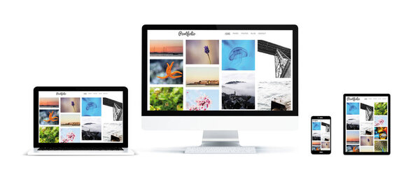 3d rendering of devices showing photo portfolio website on screens: tablet, phone, computer and laptop isolated on white background