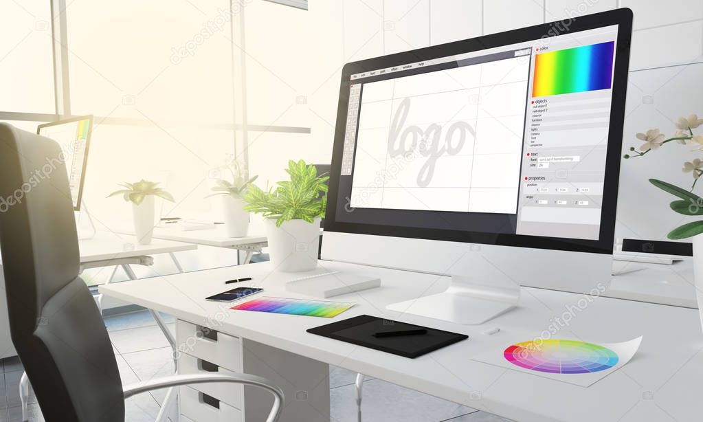 graphic design with logo mockup on computer screen, creative studio workplace with colour swatches on the table, 3d rendering