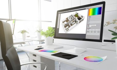 bilgisayar ekranında, yaratıcı stüdyo çalışma alanı tablo, 3d render renk renk örnekleri ile iç tasarım