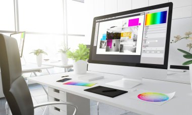 bilgisayar ekranında, yaratıcı stüdyo çalışma alanı tablo, 3d render renk renk örnekleri ile dizgi tasarım