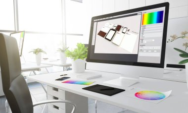 graphic design  on computer screen, creative studio workplace with colour swatches on the table, 3d rendering clipart