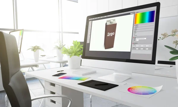 Förpackningsdesign Datorskärm Kreativ Studio Arbetsplats Med Färg Färgrutor Bordet Rendering — Stockfoto