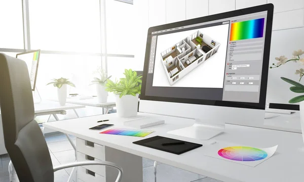 Raumgestaltung Computerbildschirm Kreativer Studioarbeitsplatz Mit Farbmustern Auf Dem Tisch Rendering — Stockfoto