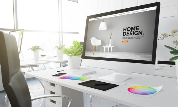 Raumgestaltung Computerbildschirm Kreativer Studioarbeitsplatz Mit Farbmustern Auf Dem Tisch Rendering — Stockfoto