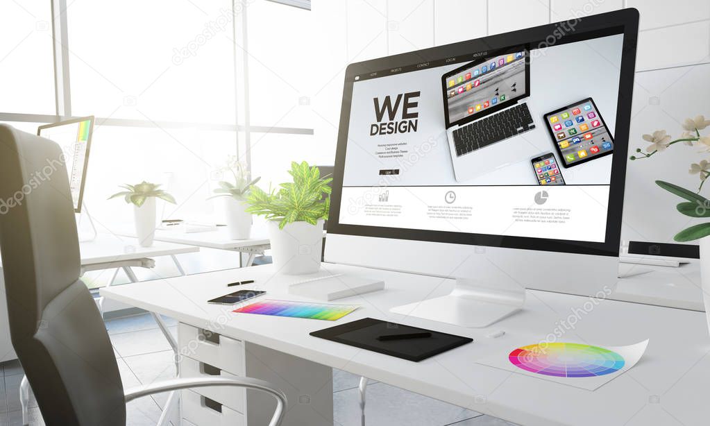 WE DESIGN text on computer screen, creative studio workplace with colour swatches on the table, 3d rendering