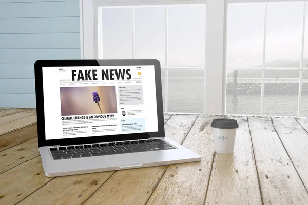 3d rendering of modern workspace with laptop screen showing fake news website