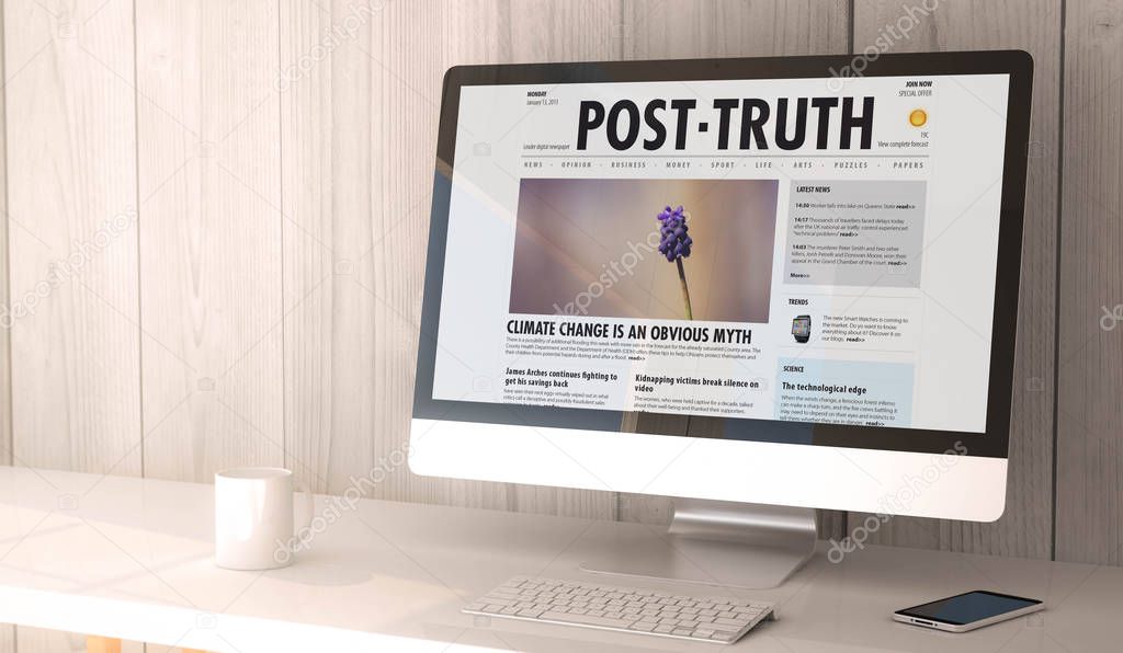 3d rendering of modern workspace with computer screen showing post truth website