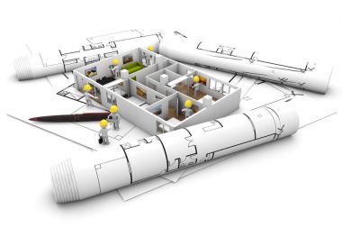 house renovation concept: group of workers carrying furniture and refurbishing house, 3d rendering of  mock-up flat over plots and technical drawings clipart