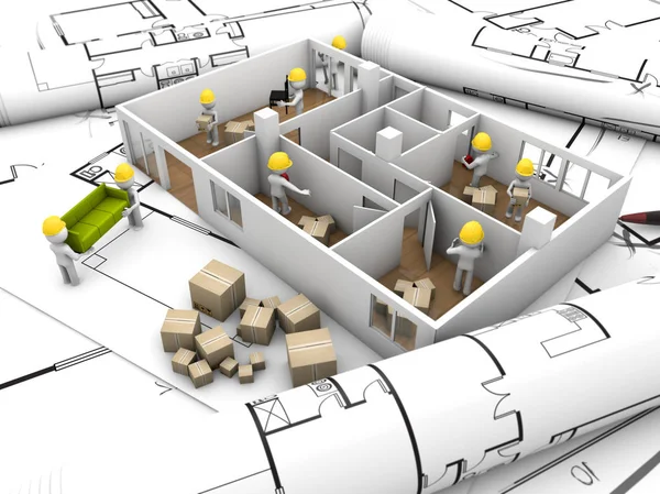 住宅改修コンセプト プロットの上に平らのモックアップの レンダリングや技術的な図面 家具を運ぶと改装家の労働者のグループ — ストック写真