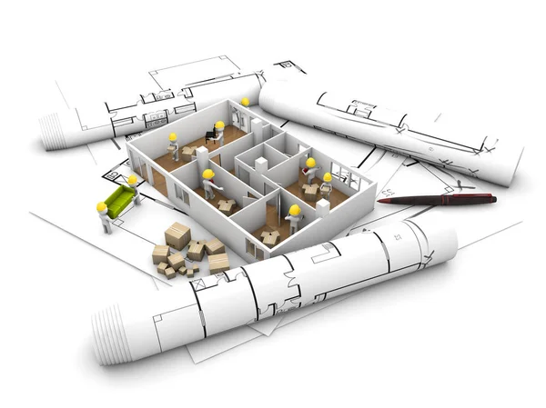 住宅改修コンセプト 家具を運ぶと改装家 白い背景で隔離 レンダリングの労働者のグループ — ストック写真