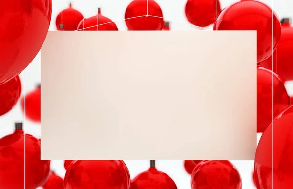 Boş Kartı Kırmızı Noel Topları Işleme Arka Plan Asılı — Stok fotoğraf