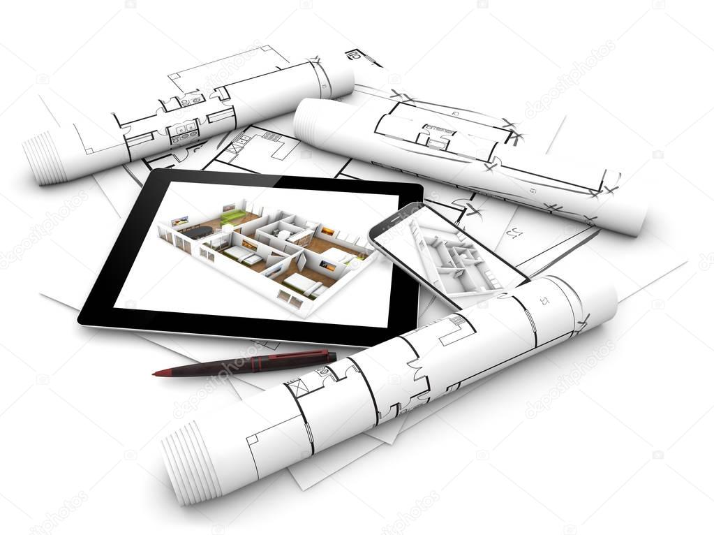 render of tablet pc with architecture house mock up on screen over technical drawings