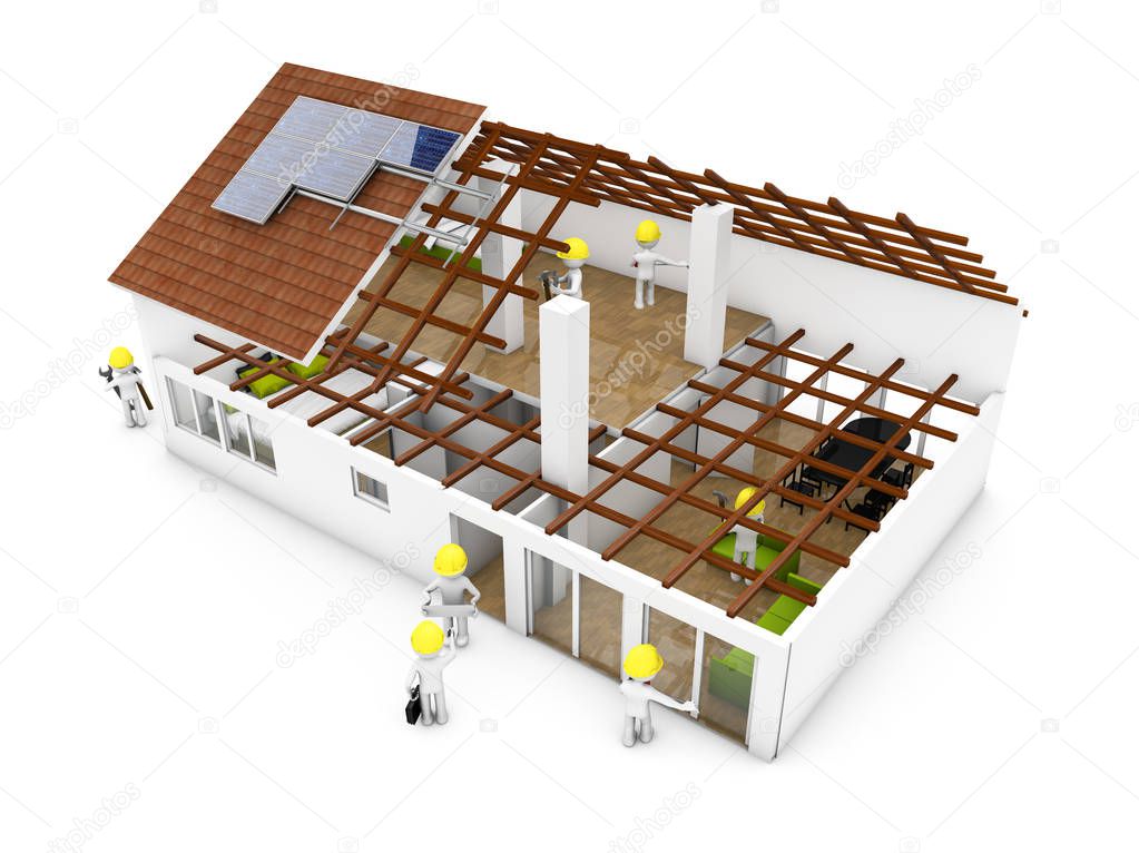 architecture house mock up with workers isolated on white background