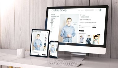 Masaüstü bilgisayar ekranlarında online alışveriş 3D render tablet pc ve dokunmatik ekran smartphone