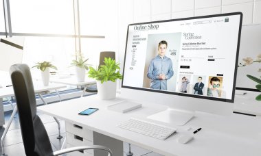 Office Masaüstü 3d rendering ile ekranda online alışveriş