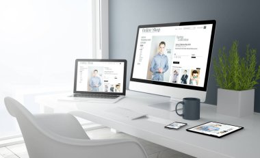 online alışveriş dizüstü bilgisayar, masaüstü bilgisayar ekranlarında 3D render tablet pc ve dokunmatik ekran smartphone
