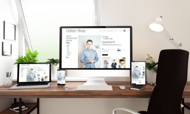 Office Masaüstü 3d rendering ile ekranda online alışveriş