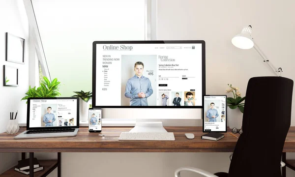 Renderização Desktop Escritório Com Loja Line Tela — Fotografia de Stock