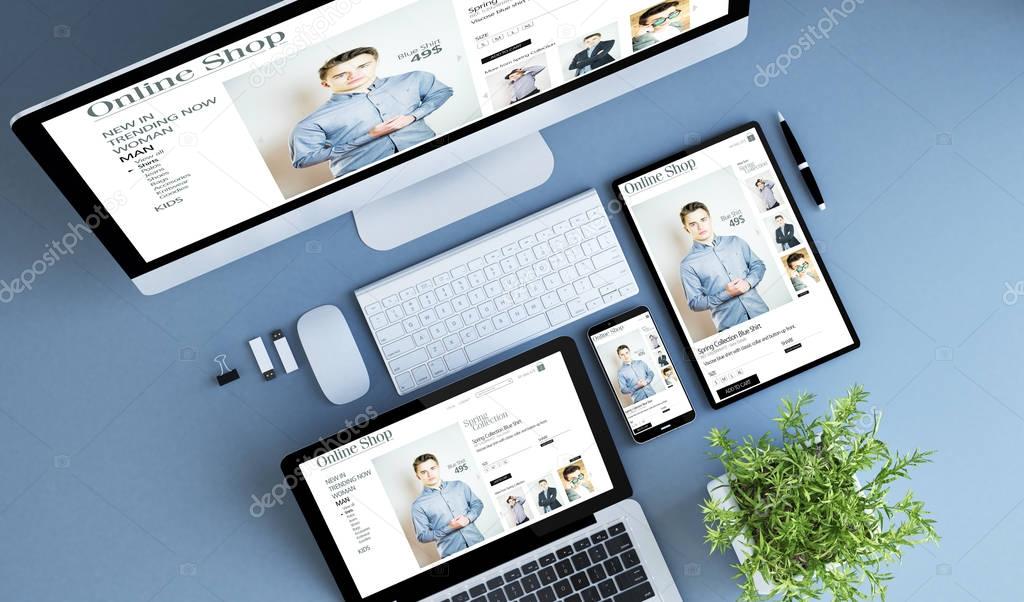 3d rendering of online shop on screens of laptop, desktop computer, tablet pc and touchscreen smartphone