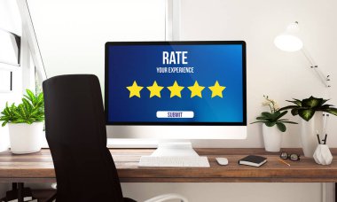  Masaüstü bilgisayar ekranında online skor arayüz ile 3D render. Ekran grafikleri metin ile deneyiminizi oranı