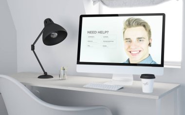 bilgisayar gösteren müşteri hizmeti Web sitesi ile çalışma alanının 3B oluşturma