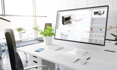 bilgisayar mimarisi yazılım ekranında modern ofis, 3d render ile