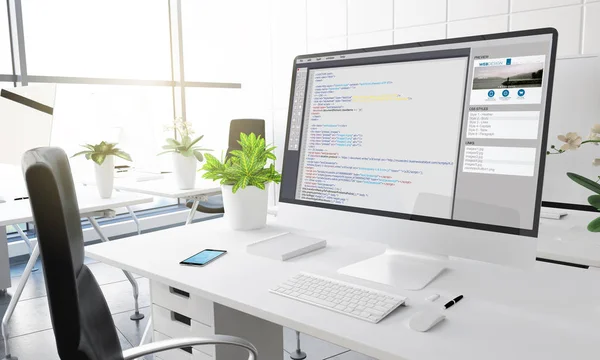 Computer Mit Programmiersoftware Auf Dem Bildschirm Moderner Büroarbeitsplatz Rendering — Stockfoto