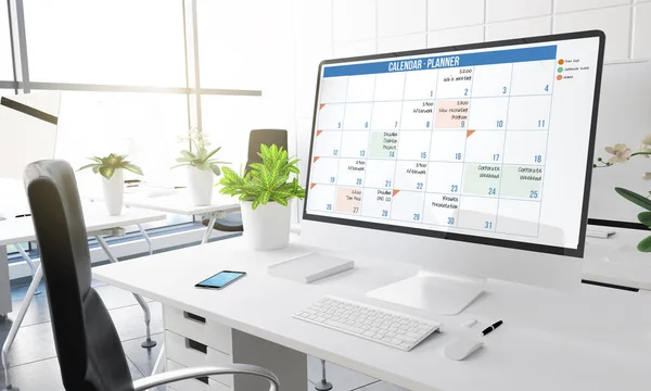 计算机与日历设计在屏幕上 现代办公室工作场所 — 图库照片