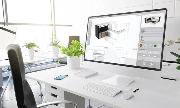 Computer Mit Architektur Software Auf Dem Bildschirm Modernen Büro Rendering — Stockfoto