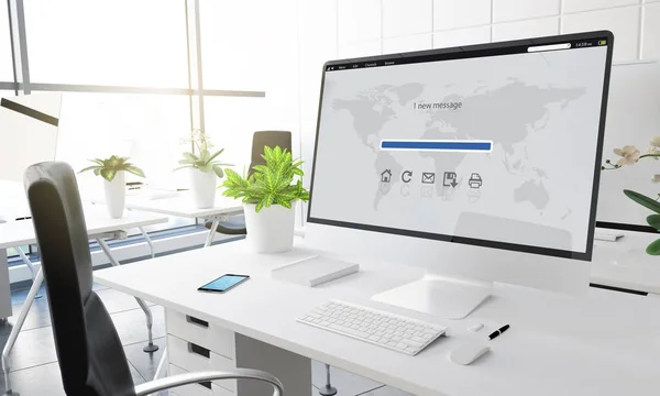 Computer Met Mail Interfaceontwerp Scherm Moderne Kantoor Werkplek Rendering — Stockfoto