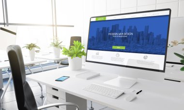 bilgisayar ekranında, modern ofis işyeri, 3d render modern web tasarım şablonu 