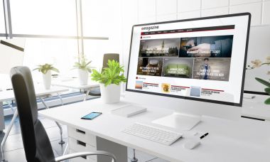 bilgisayar ekranında, modern ofis işyeri, 3d render e-dergi tasarımı ile 
