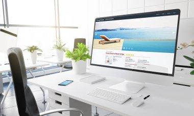 bilgisayar ile otel değerlendirmesi dizin Web Tasarım ekranında, modern ofis işyeri, 3d render 