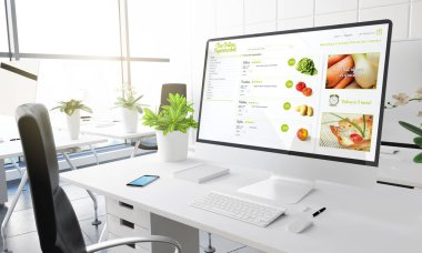 bilgisayar ile online süpermarket Web Tasarım ekranında, modern ofis işyeri, 3d render 