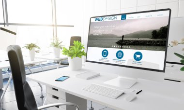 bilgisayar ekranında, modern ofis işyeri, 3d render web tasarım şablonu 