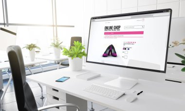 bilgisayar ile online alışveriş Web Tasarım ekranında, modern ofis işyeri, 3d render 
