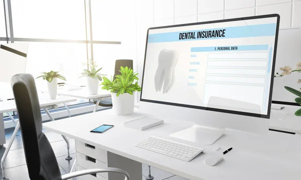 desktop computer with dental insurance form on screen, 3d rendering