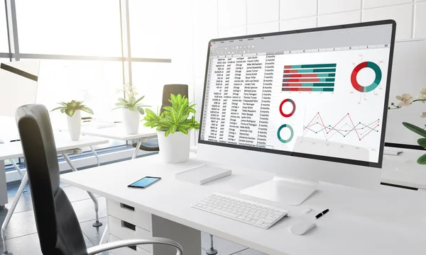 Bilgisayar Ekranında Modern Ofis Işyeri Render Finansal Planlama Muhasebe Raporu — Stok fotoğraf