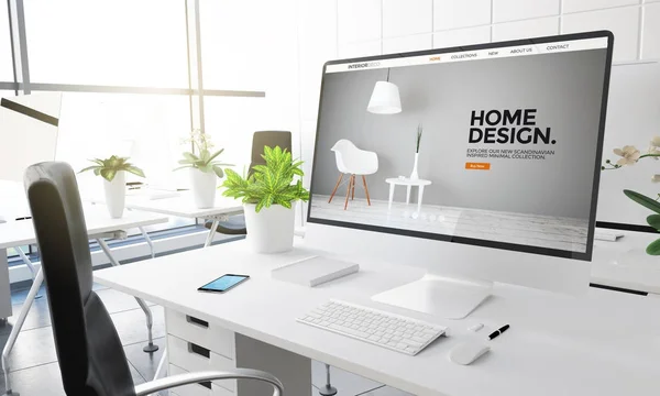 Computador Com Site Design Interiores Casa Renderização — Fotografia de Stock