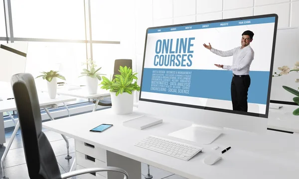 Υπολογιστή Online Μαθήματα Σχεδιασμός Ιστοσελίδας Στην Οθόνη Σύγχρονου Γραφείου Χώρο — Φωτογραφία Αρχείου