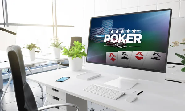 Computer Met Poker Online Websiteontwerp Scherm Moderne Kantoor Werkplek Rendering — Stockfoto