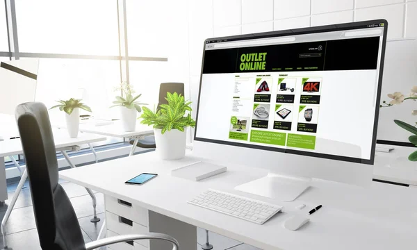 Bilgisayar Ekranında Modern Ofis Işyeri Render Outlet Online Alışveriş Web — Stok fotoğraf