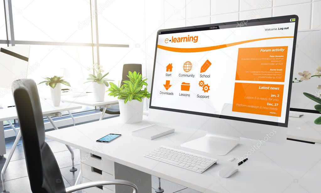 desktop computer with e-learning website design, 3d rendering